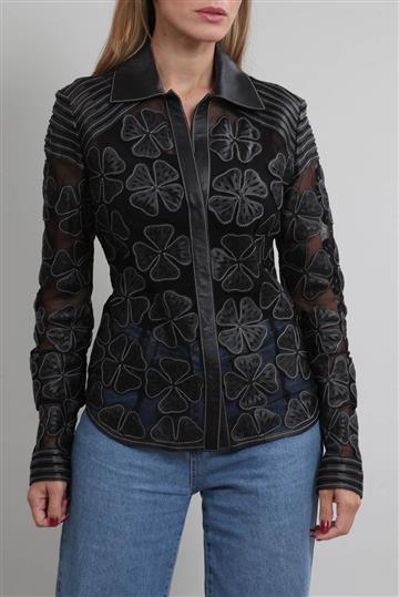 Camisa Patricia Viera Tule e Couro Trevos Preta