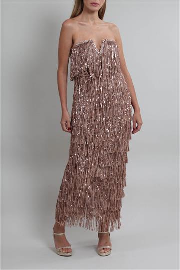 Vestido Bronx & Banco Longo Paetês com Franja Dourado