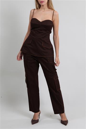 Conjunto Framed Corset e Calça Risca de Giz Marrom